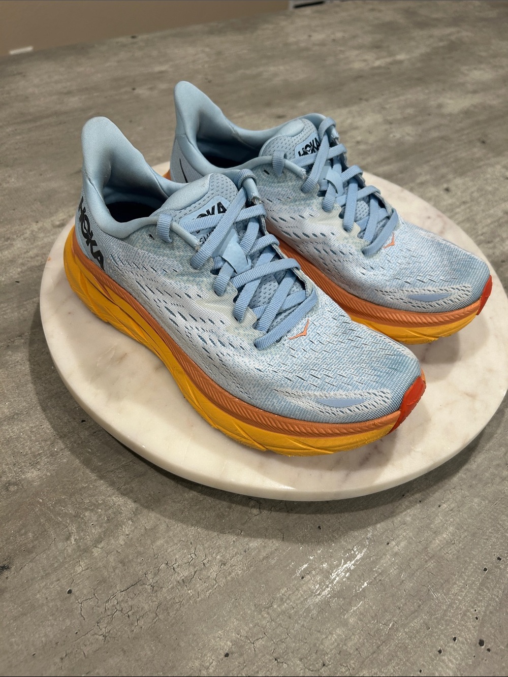 Hoka One One Women's Light Blue Running Shoes with Orange and Yellow Size 6.5B